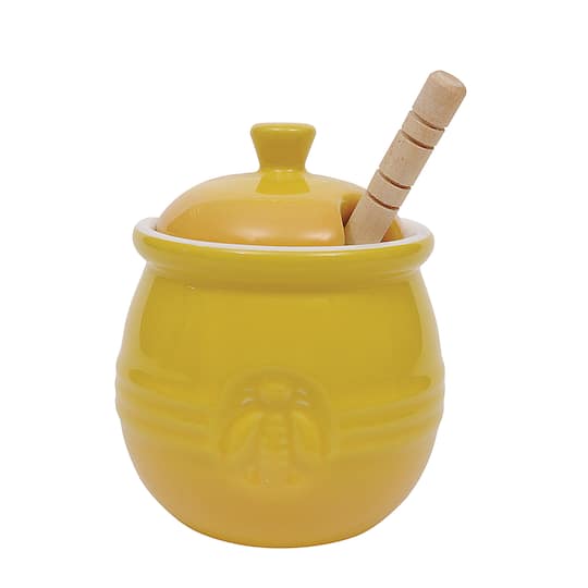 4&#x22; Yellow Ceramic Honey Pot &#x26; Wood Dipper